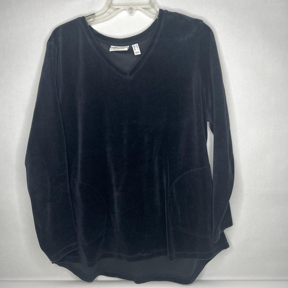 Denim & Co. Active Velour Tunic Black Cotton Blend‎ D & Company V Neck EUC